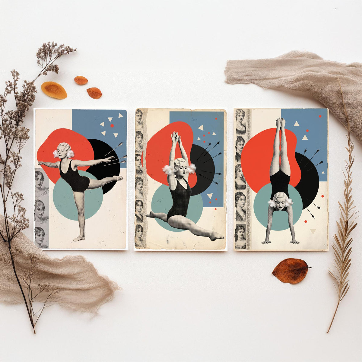 Vintage Gymnast Set of Three Art Prints - Arabesque, Leap and Handstand - Red and Teal Dada Collage Illustration Posters
