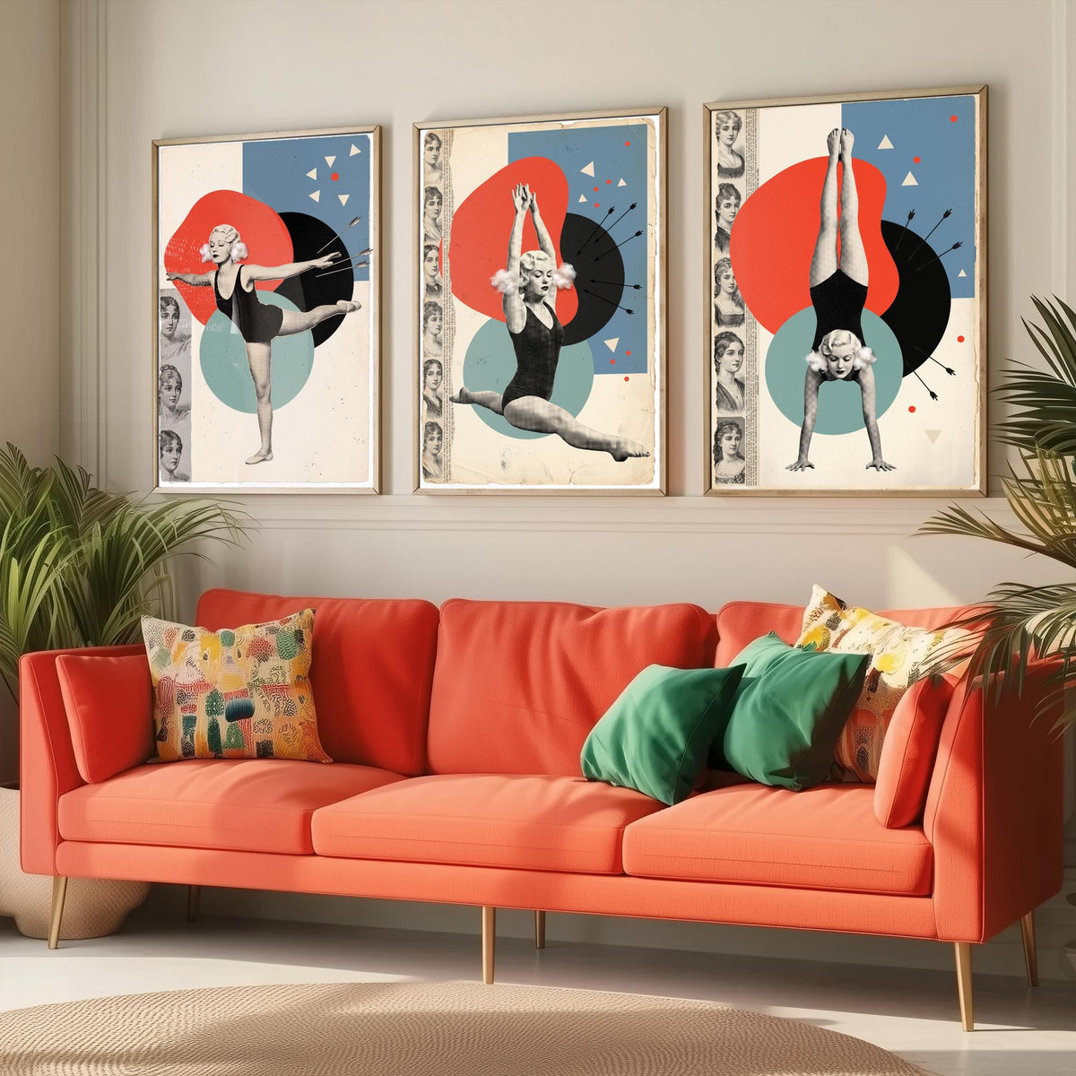 Vintage Gymnast Set of Three Art Prints - Arabesque, Leap and Handstand - Red and Teal Dada Collage Illustration Posters