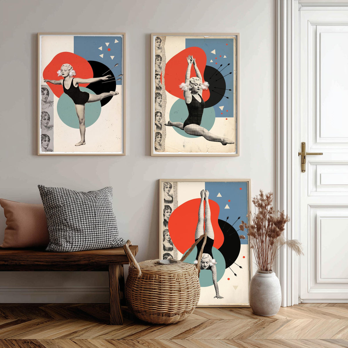 Vintage Gymnast Set of Three Art Prints - Arabesque, Leap and Handstand - Red and Teal Dada Collage Illustration Posters