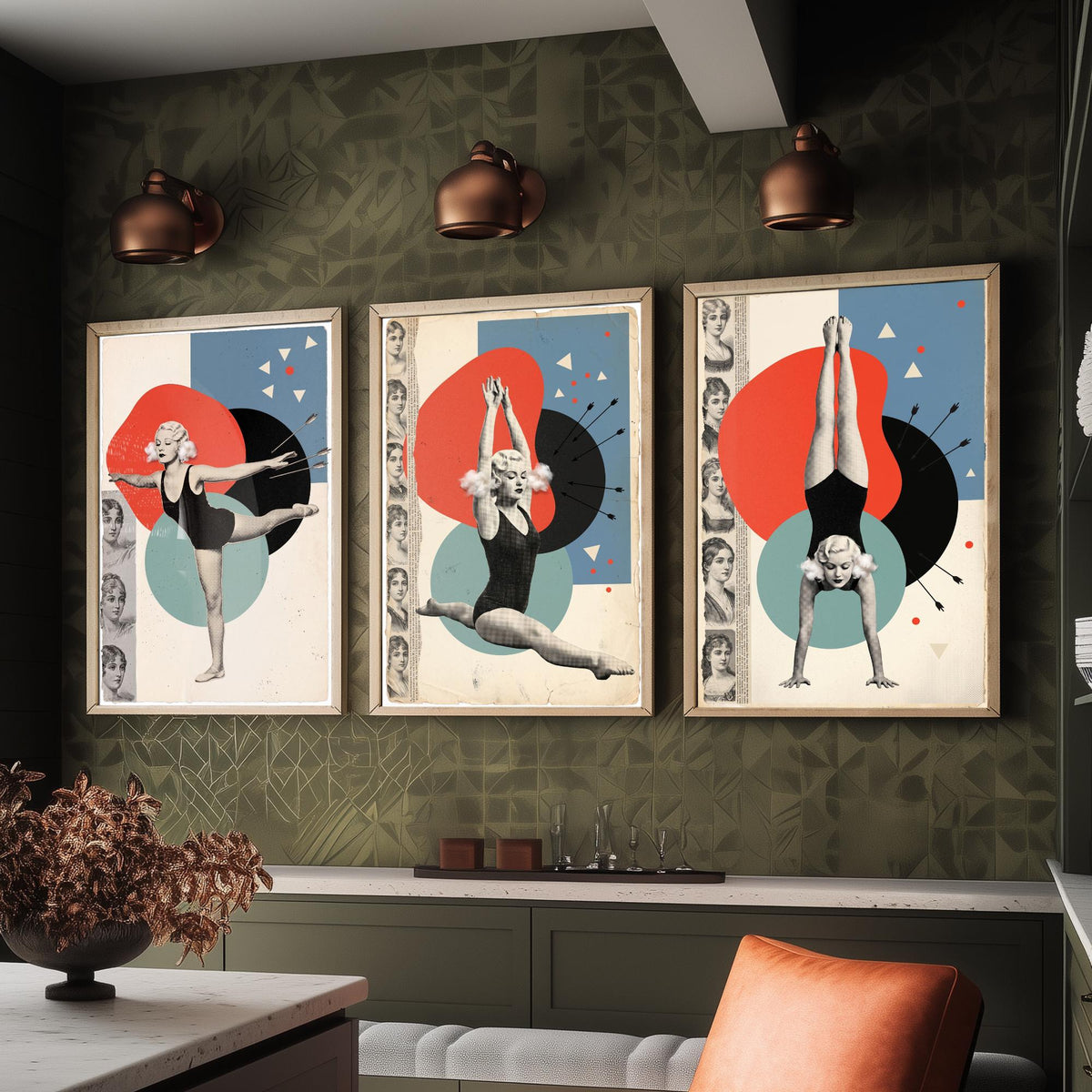 Vintage Gymnast Set of Three Art Prints - Arabesque, Leap and Handstand - Red and Teal Dada Collage Illustration Posters