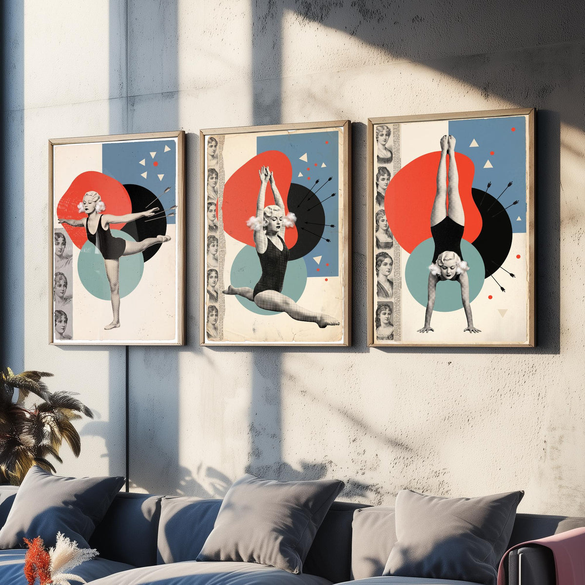 Vintage Gymnast Set of Three Art Prints - Arabesque, Leap and Handstand - Red and Teal Dada Collage Illustration Posters