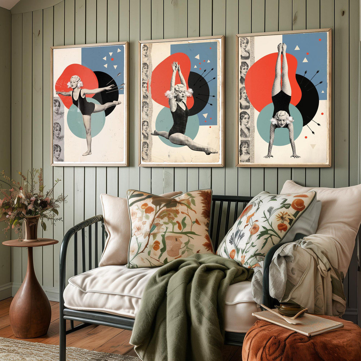 Vintage Gymnast Set of Three Art Prints - Arabesque, Leap and Handstand - Red and Teal Dada Collage Illustration Posters