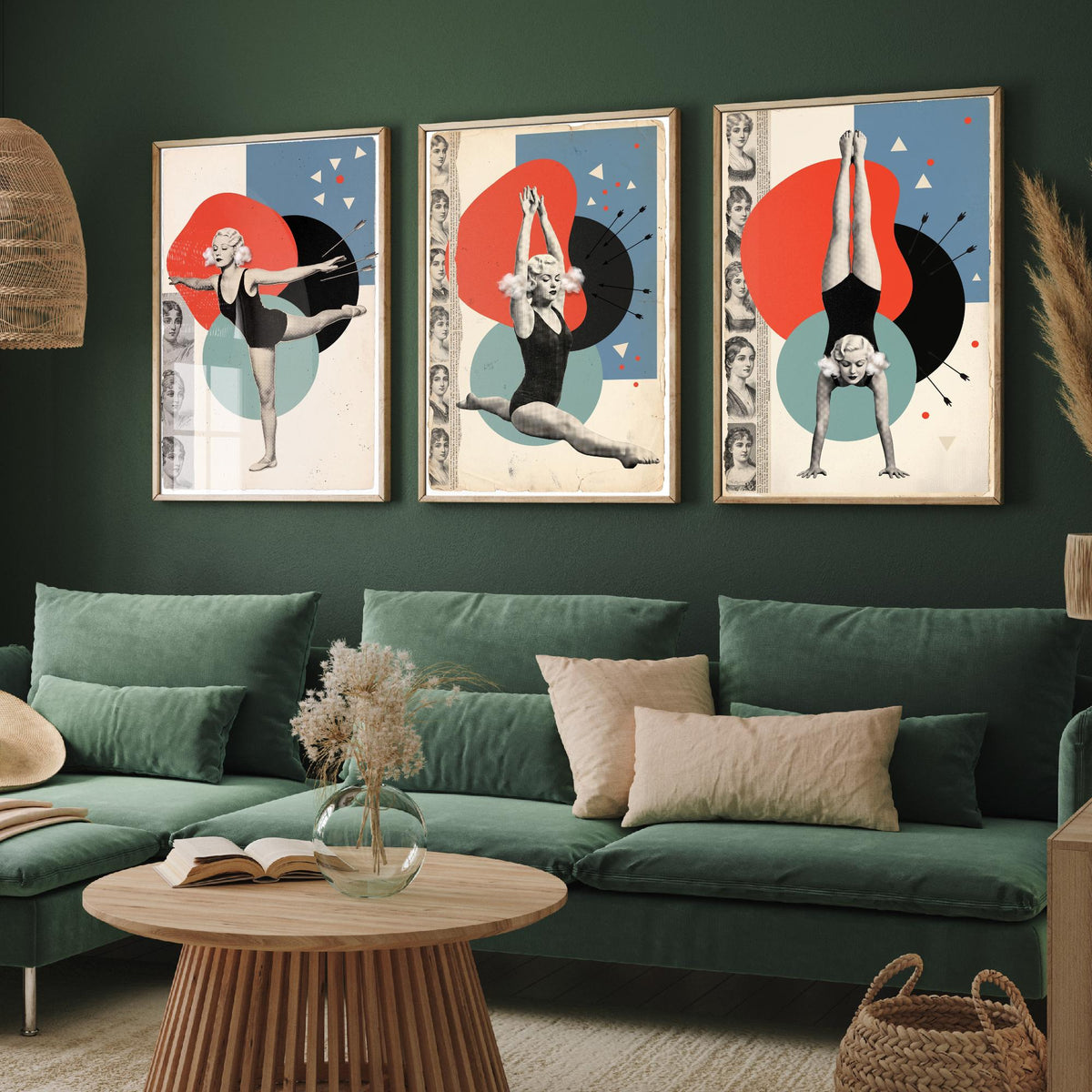 Vintage Gymnast Set of Three Art Prints - Arabesque, Leap and Handstand - Red and Teal Dada Collage Illustration Posters