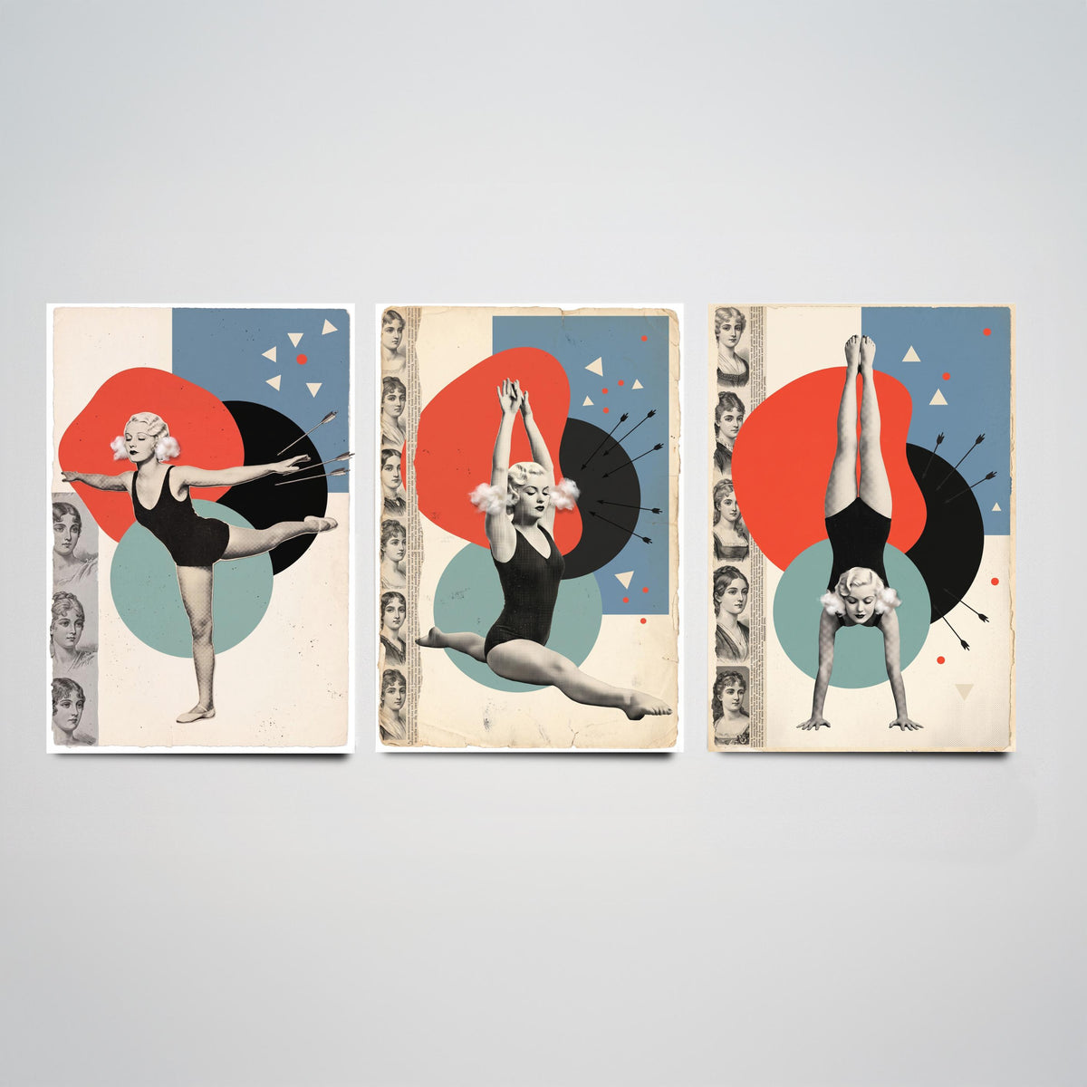 Vintage Gymnast Set of Three Art Prints - Arabesque, Leap and Handstand - Red and Teal Dada Collage Illustration Posters