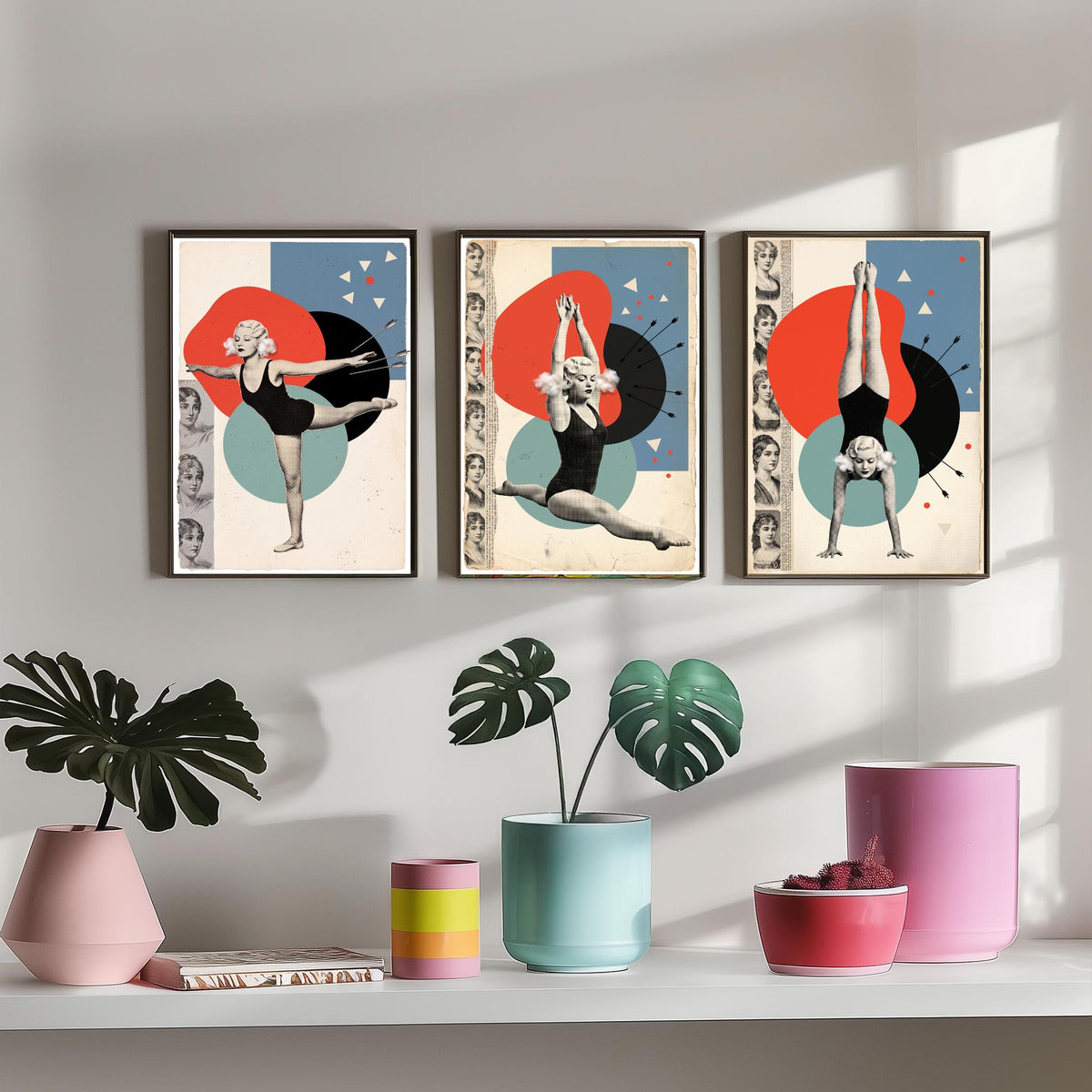 Vintage Gymnast Set of Three Art Prints - Arabesque, Leap and Handstand - Red and Teal Dada Collage Illustration Posters
