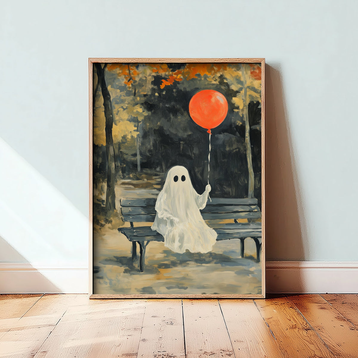 Little Ghost with Red Balloon Art Print - Park Bench Halloween Poster - Cute Spooky Autumn Painting 2/3