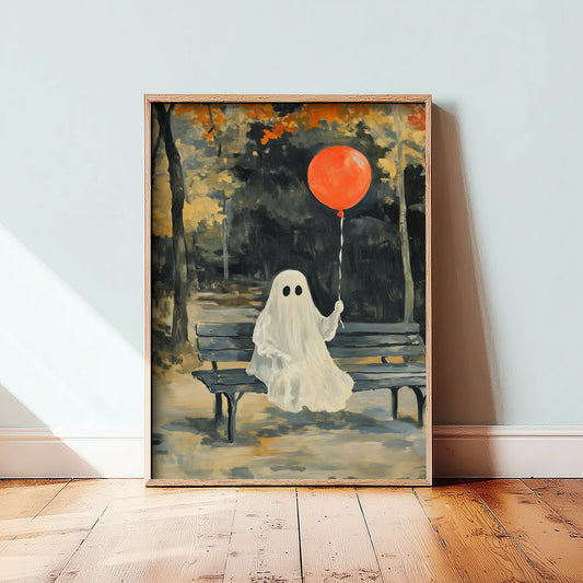 Little Ghost with Red Balloon Art Print - Park Bench Halloween Poster - Cute Spooky Autumn Painting 2/3
