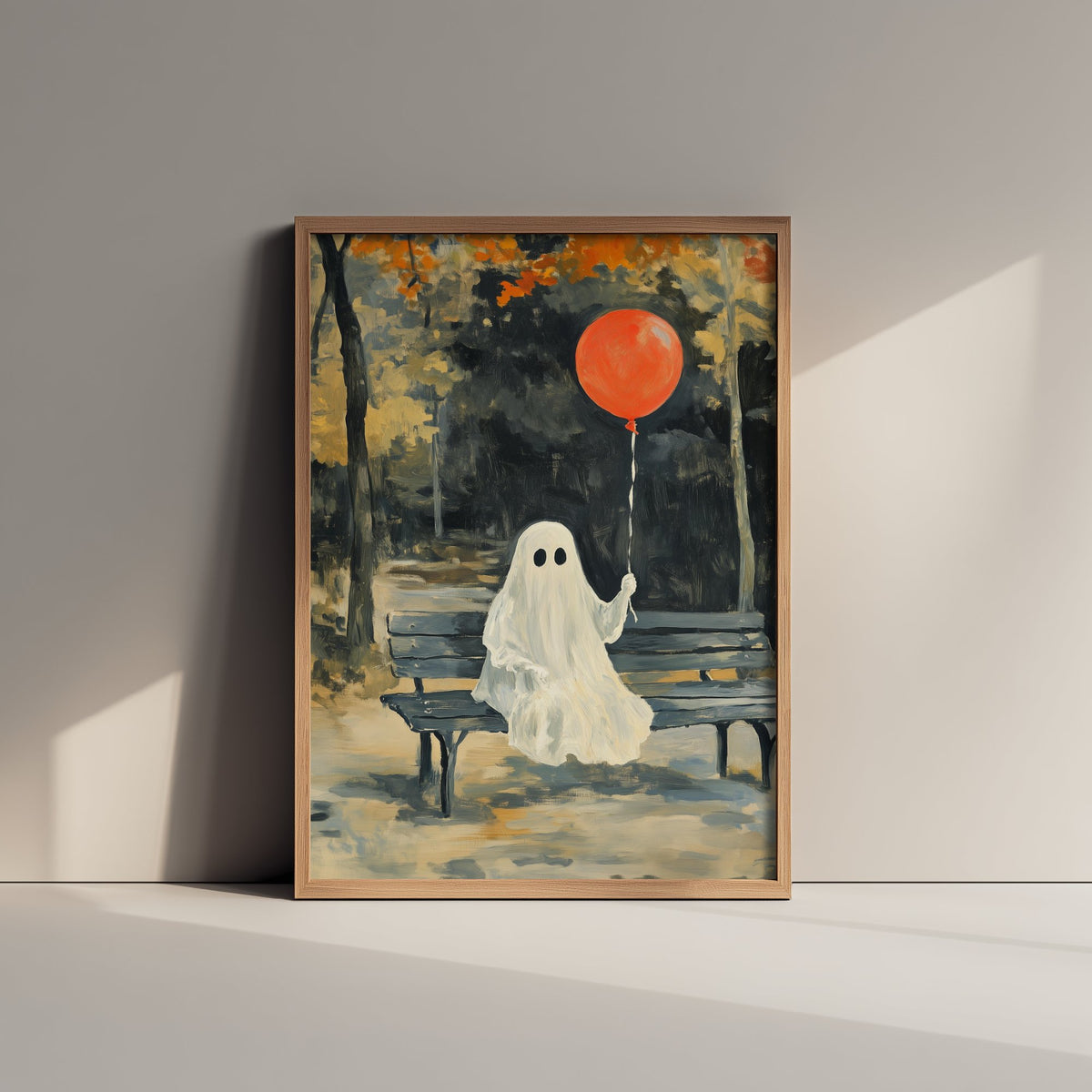 Little Ghost with Red Balloon Art Print - Park Bench Halloween Poster - Cute Spooky Autumn Painting 2/3