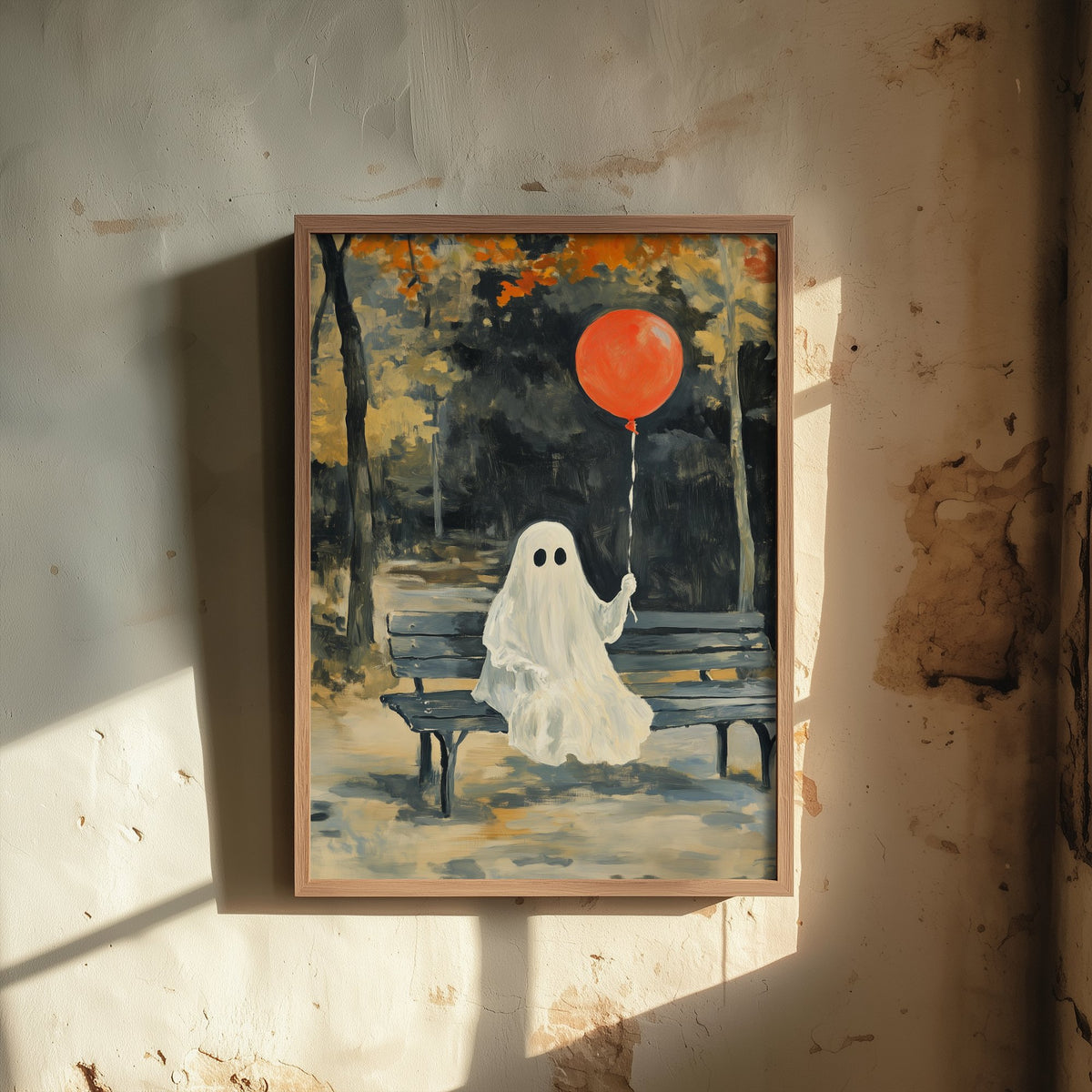 Little Ghost with Red Balloon Art Print - Park Bench Halloween Poster - Cute Spooky Autumn Painting 2/3