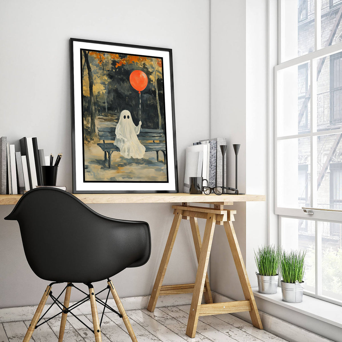 Little Ghost with Red Balloon Art Print - Park Bench Halloween Poster - Cute Spooky Autumn Painting 2/3