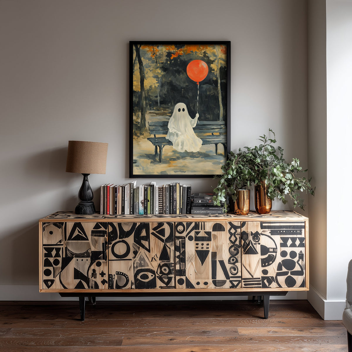 Little Ghost with Red Balloon Art Print - Park Bench Halloween Poster - Cute Spooky Autumn Painting 2/3