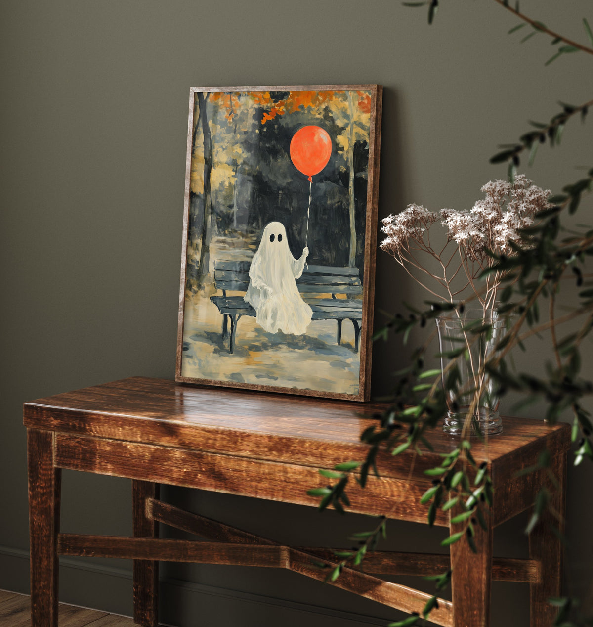 Little Ghost with Red Balloon Art Print - Park Bench Halloween Poster - Cute Spooky Autumn Painting 2/3