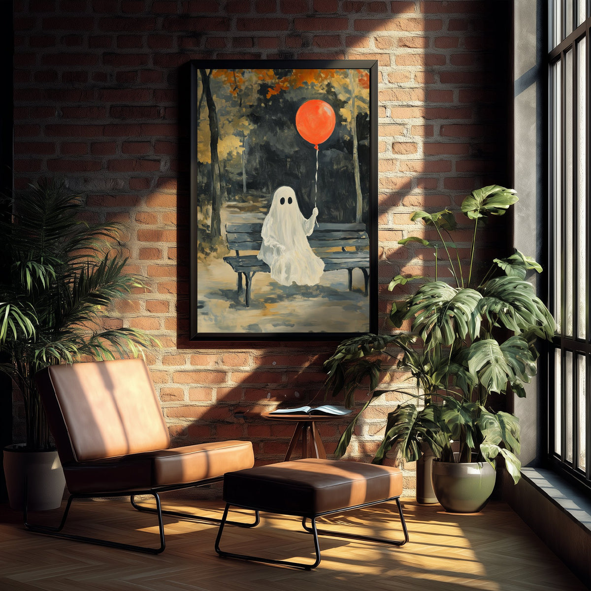 Little Ghost with Red Balloon Art Print - Park Bench Halloween Poster - Cute Spooky Autumn Painting 2/3