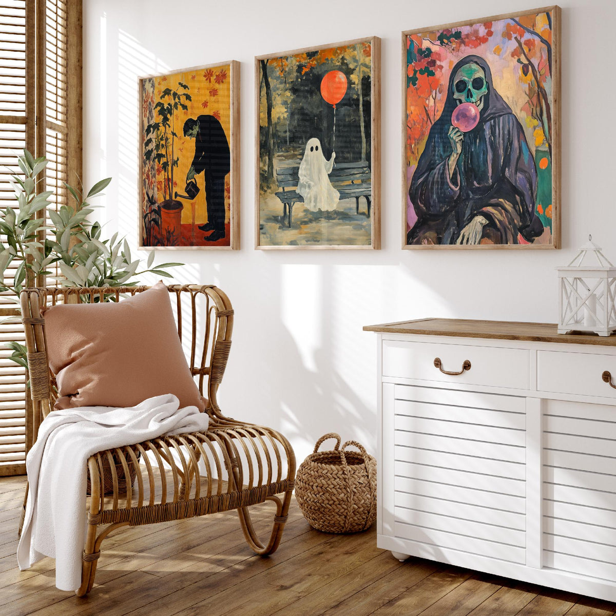 Halloween Set of Three Art Prints - 3 Spooky Chores Posters - Frankenstein Ghost Reaper Painting Wall Art Gift Quirky Autumn Decor