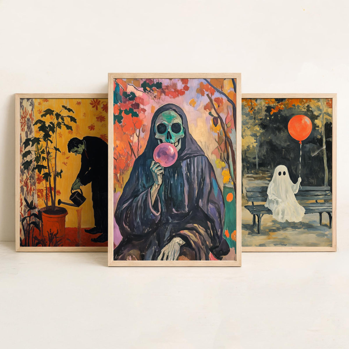 Halloween Set of Three Art Prints - 3 Spooky Chores Posters - Frankenstein Ghost Reaper Painting Wall Art Gift Quirky Autumn Decor