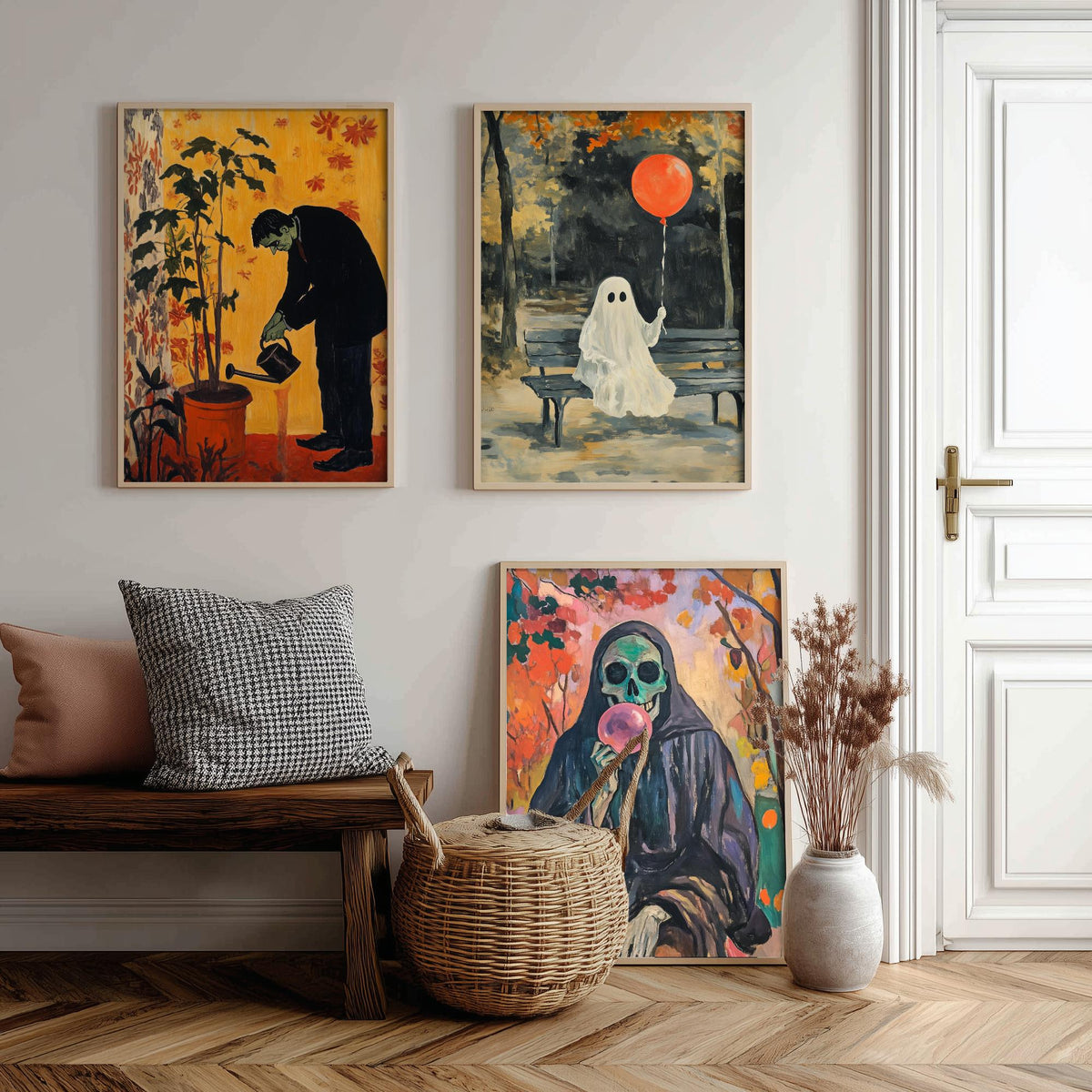 Halloween Set of Three Art Prints - 3 Spooky Chores Posters - Frankenstein Ghost Reaper Painting Wall Art Gift Quirky Autumn Decor