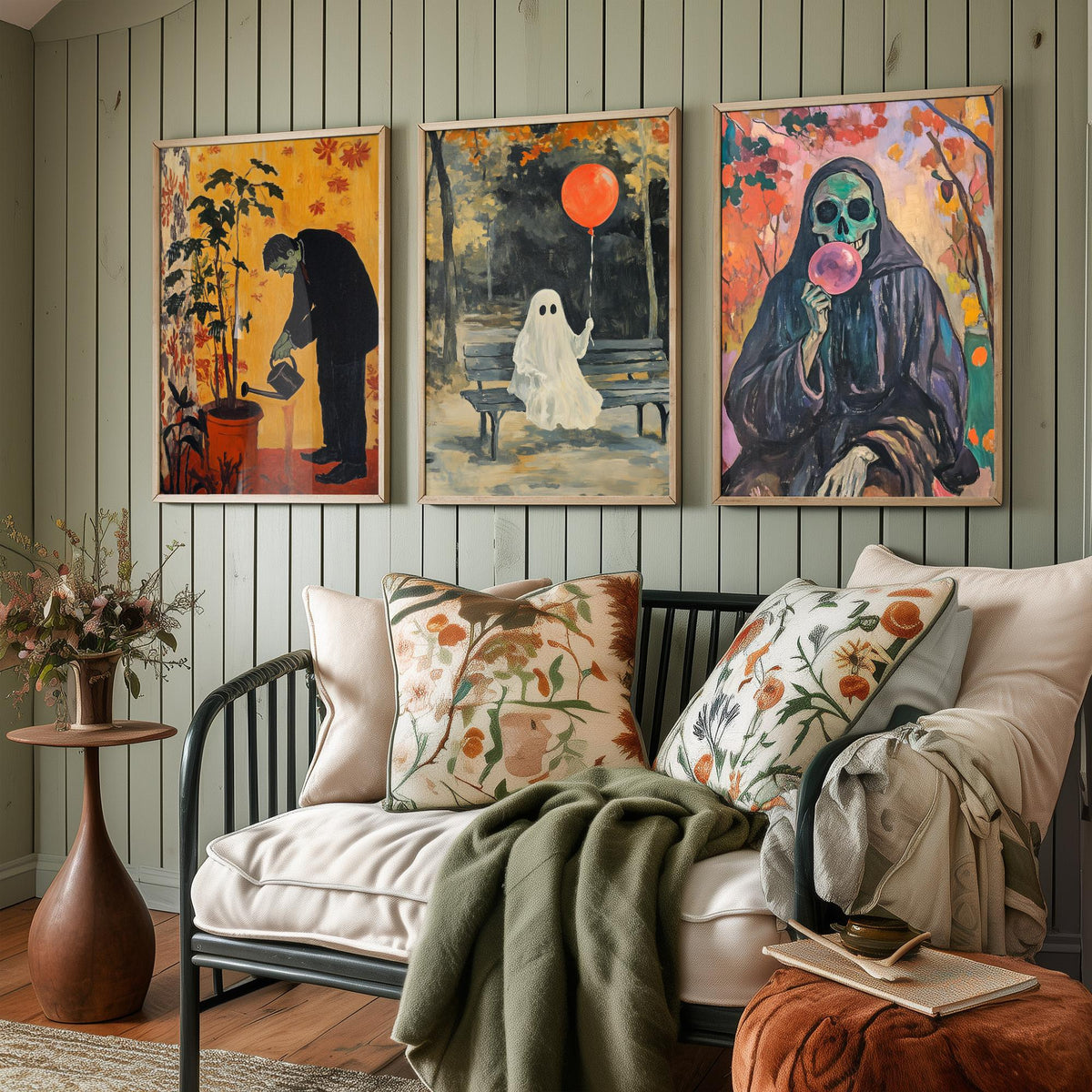 Halloween Set of Three Art Prints - 3 Spooky Chores Posters - Frankenstein Ghost Reaper Painting Wall Art Gift Quirky Autumn Decor