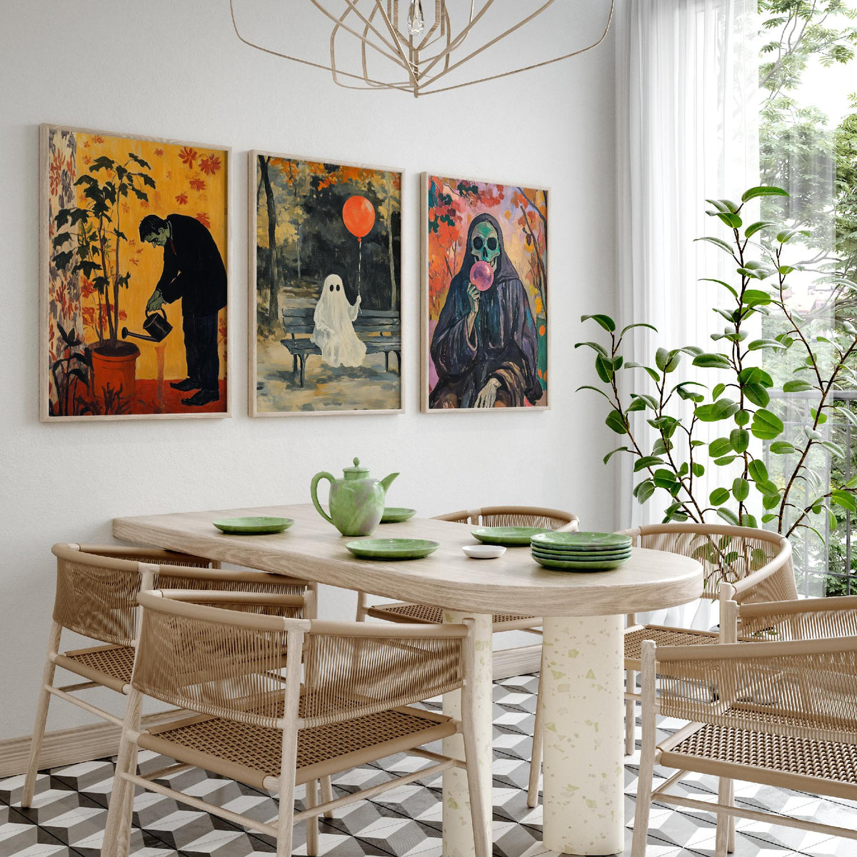 Halloween Set of Three Art Prints - 3 Spooky Chores Posters - Frankenstein Ghost Reaper Painting Wall Art Gift Quirky Autumn Decor