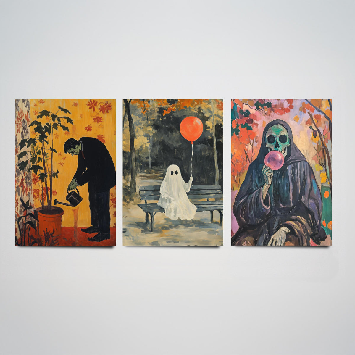 Halloween Set of Three Art Prints - 3 Spooky Chores Posters - Frankenstein Ghost Reaper Painting Wall Art Gift Quirky Autumn Decor
