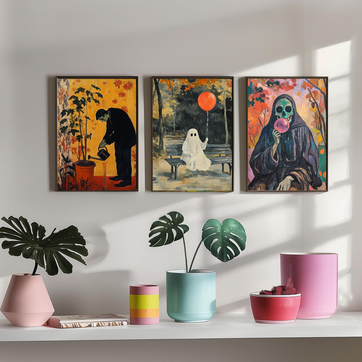 Halloween Set of Three Art Prints - 3 Spooky Chores Posters - Frankenstein Ghost Reaper Painting Wall Art Gift Quirky Autumn Decor