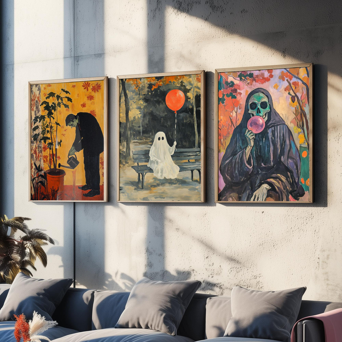 Halloween Set of Three Art Prints - 3 Spooky Chores Posters - Frankenstein Ghost Reaper Painting Wall Art Gift Quirky Autumn Decor