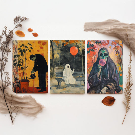 Halloween Set of Three Art Prints - 3 Spooky Chores Posters - Frankenstein Ghost Reaper Painting Wall Art Gift Quirky Autumn Decor