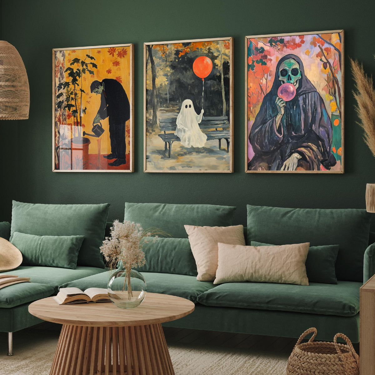 Halloween Set of Three Art Prints - 3 Spooky Chores Posters - Frankenstein Ghost Reaper Painting Wall Art Gift Quirky Autumn Decor