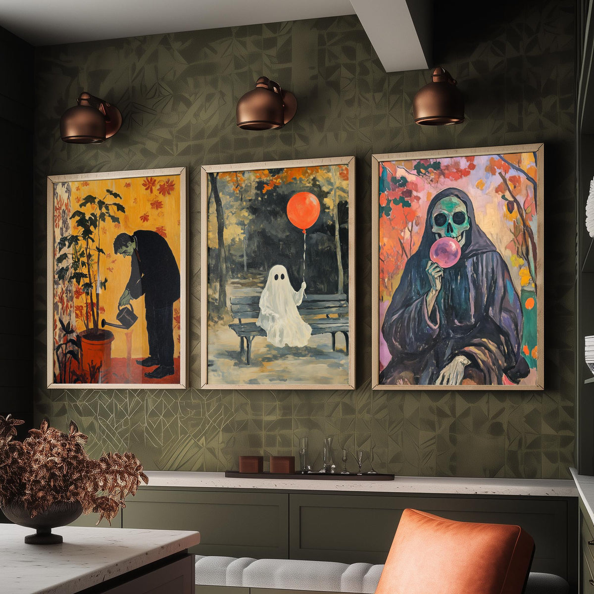 Halloween Set of Three Art Prints - 3 Spooky Chores Posters - Frankenstein Ghost Reaper Painting Wall Art Gift Quirky Autumn Decor