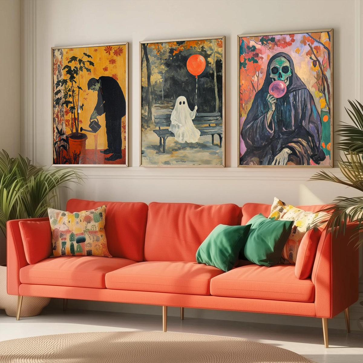 Halloween Set of Three Art Prints - 3 Spooky Chores Posters - Frankenstein Ghost Reaper Painting Wall Art Gift Quirky Autumn Decor