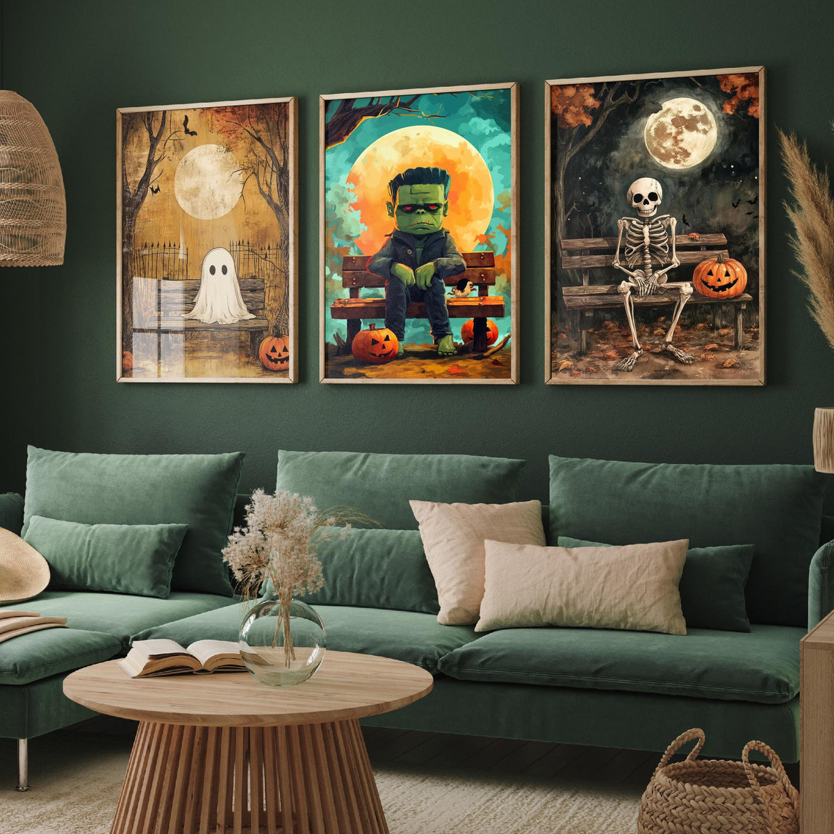 Halloween Set of Three Art Prints - 3 Cute Character Posters - Ghost Frankenstein Skeleton Illustration Wall Art Gift Kids Spooky Decor