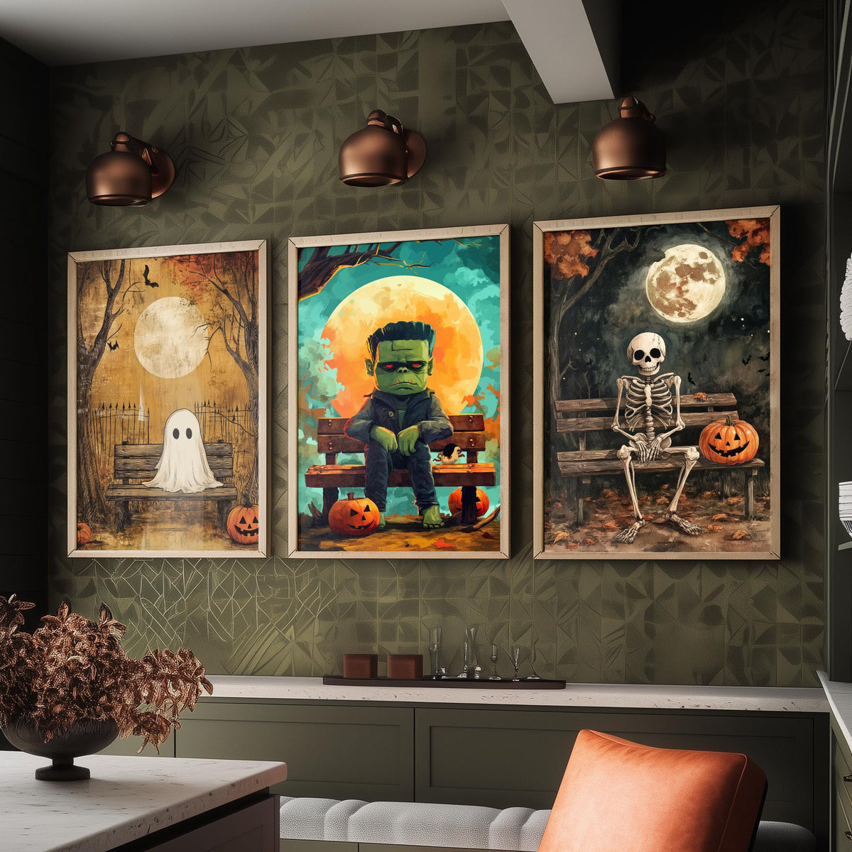 Halloween Set of Three Art Prints - 3 Cute Character Posters - Ghost Frankenstein Skeleton Illustration Wall Art Gift Kids Spooky Decor