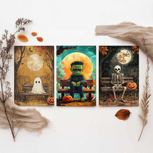 Halloween Set of Three Art Prints - 3 Cute Character Posters - Ghost Frankenstein Skeleton Illustration Wall Art Gift Kids Spooky Decor