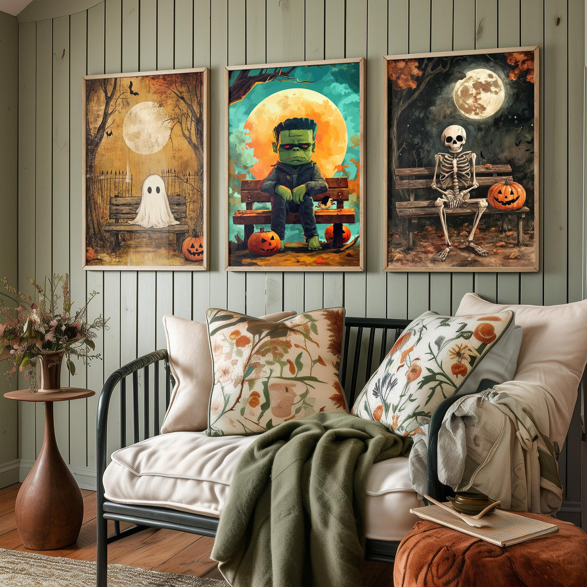 Halloween Set of Three Art Prints - 3 Cute Character Posters - Ghost Frankenstein Skeleton Illustration Wall Art Gift Kids Spooky Decor