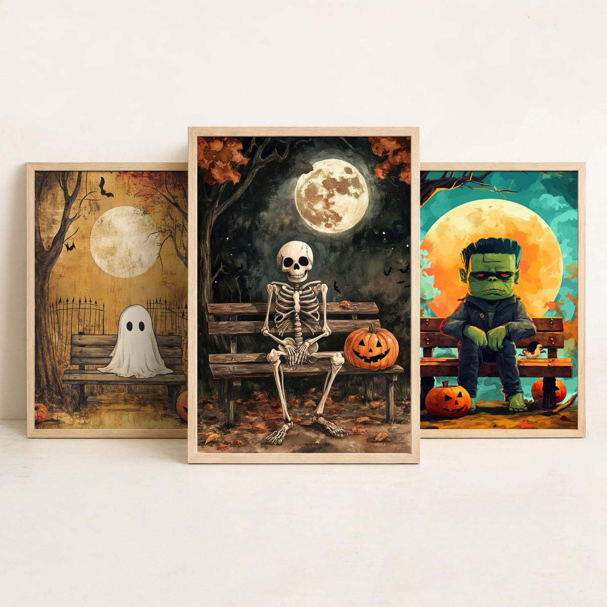 Halloween Set of Three Art Prints - 3 Cute Character Posters - Ghost Frankenstein Skeleton Illustration Wall Art Gift Kids Spooky Decor