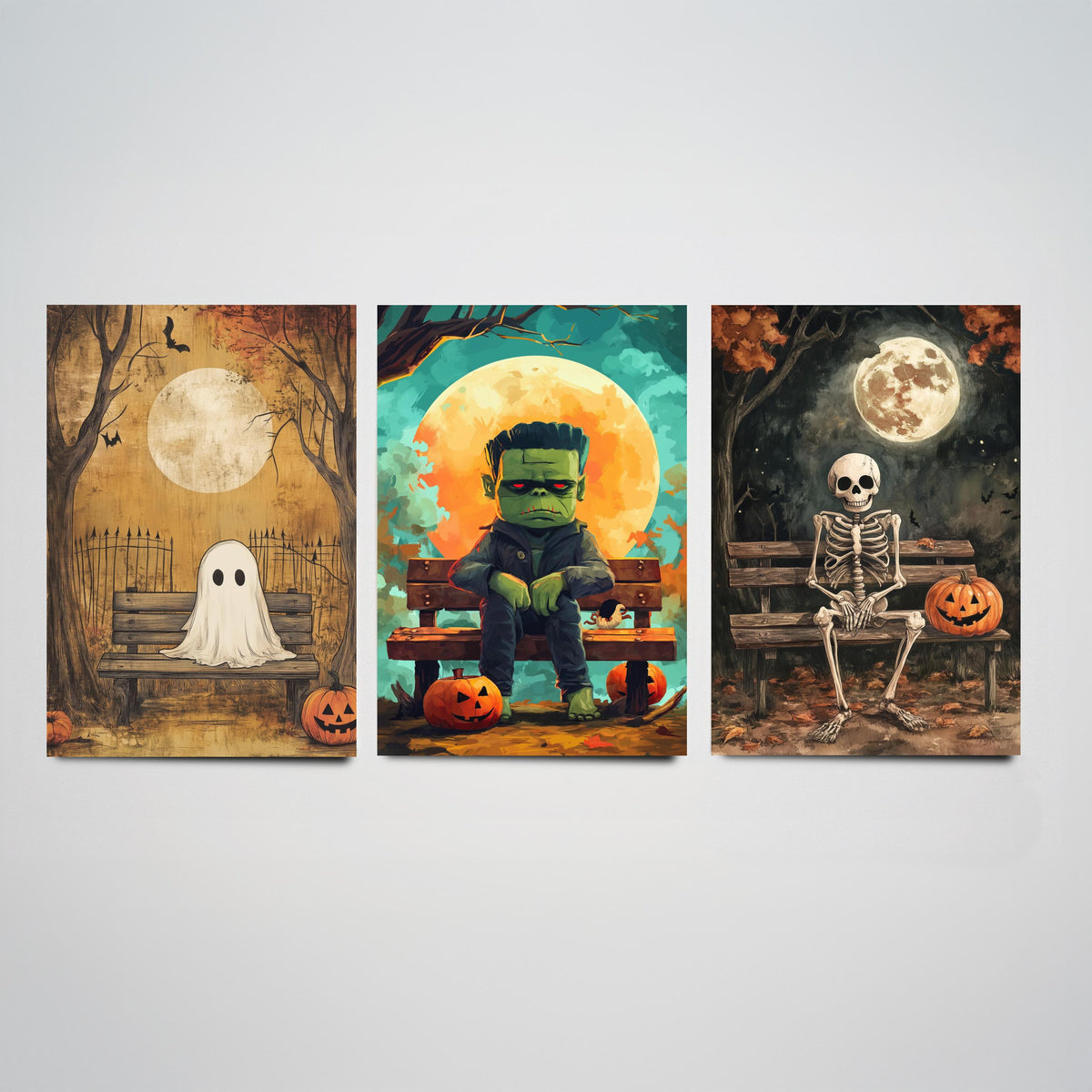 Halloween Set of Three Art Prints - 3 Cute Character Posters - Ghost Frankenstein Skeleton Illustration Wall Art Gift Kids Spooky Decor