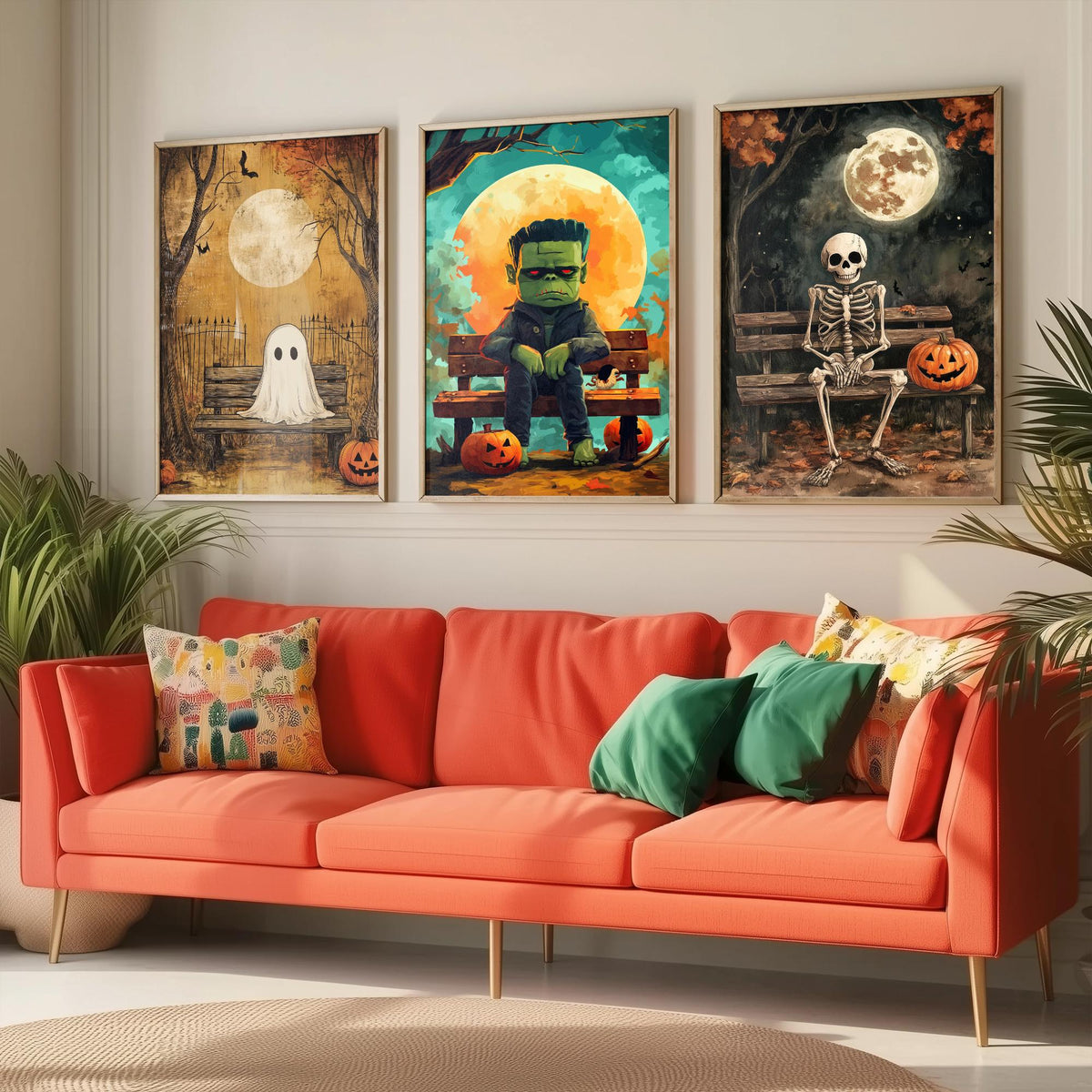 Halloween Set of Three Art Prints - 3 Cute Character Posters - Ghost Frankenstein Skeleton Illustration Wall Art Gift Kids Spooky Decor