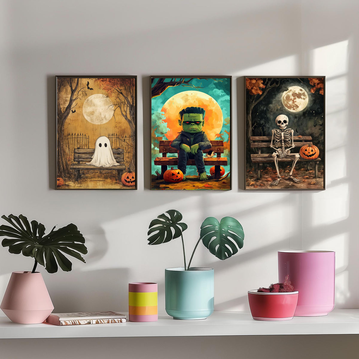 Halloween Set of Three Art Prints - 3 Cute Character Posters - Ghost Frankenstein Skeleton Illustration Wall Art Gift Kids Spooky Decor
