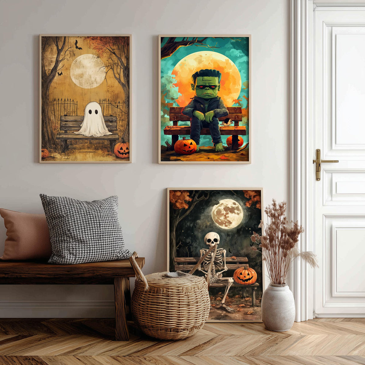 Halloween Set of Three Art Prints - 3 Cute Character Posters - Ghost Frankenstein Skeleton Illustration Wall Art Gift Kids Spooky Decor