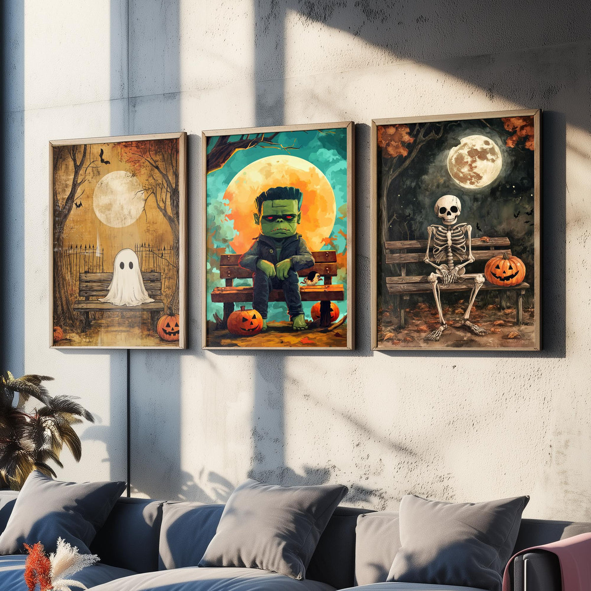 Halloween Set of Three Art Prints - 3 Cute Character Posters - Ghost Frankenstein Skeleton Illustration Wall Art Gift Kids Spooky Decor