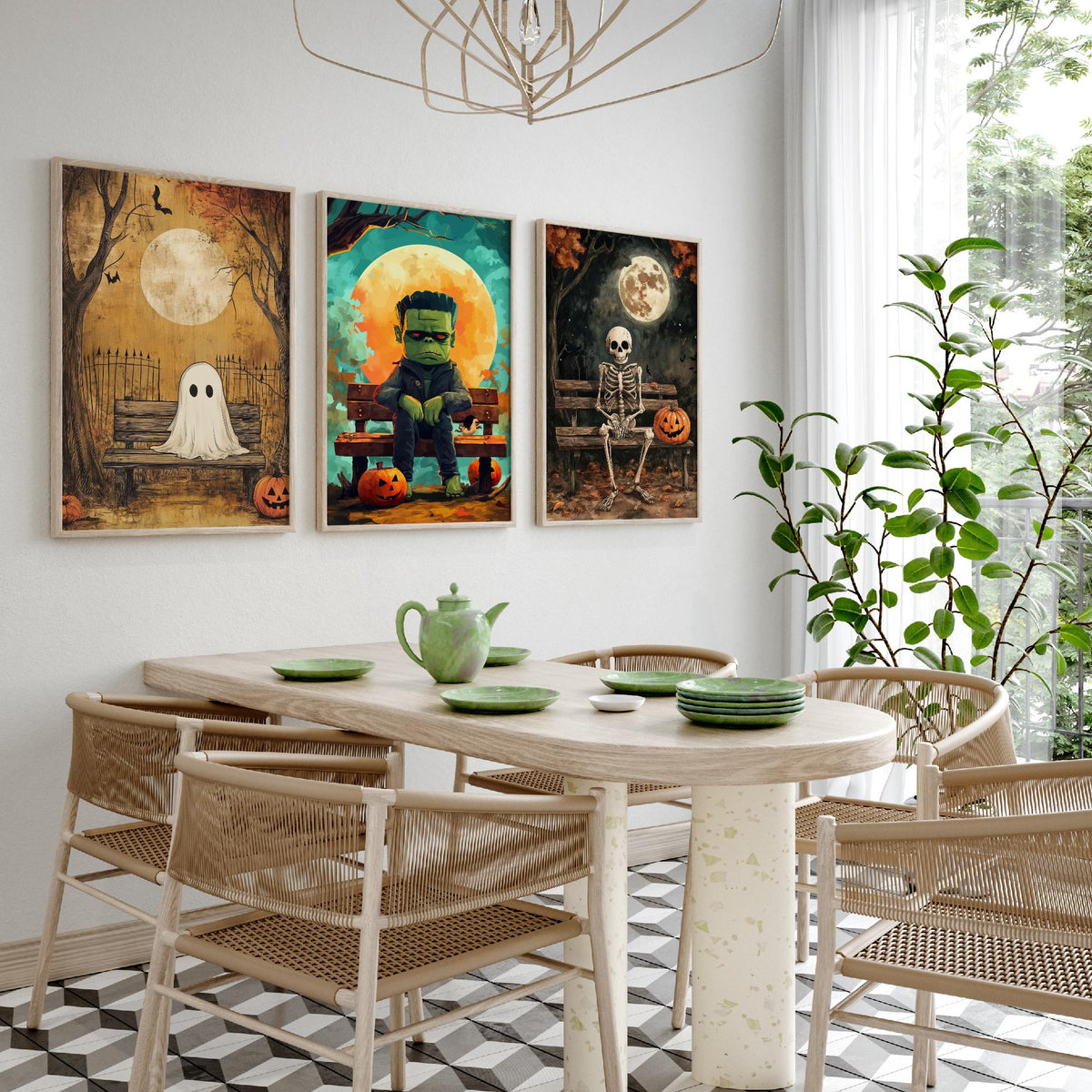 Halloween Set of Three Art Prints - 3 Cute Character Posters - Ghost Frankenstein Skeleton Illustration Wall Art Gift Kids Spooky Decor