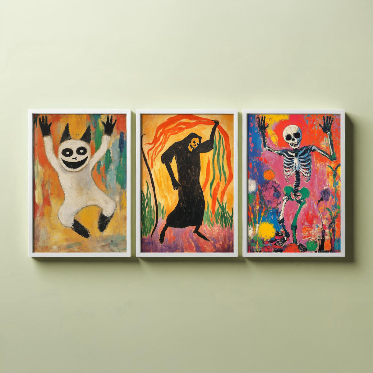 Halloween Set of Three Art Prints - 3 Dancing Ghost Reaper Skeleton Posters - Expressionist Painting Wall Art Gift Spooky Decor