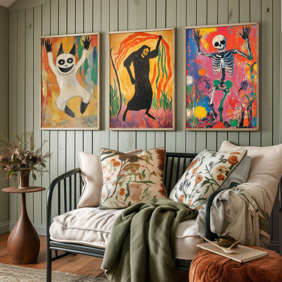 Halloween Set of Three Art Prints - 3 Dancing Ghost Reaper Skeleton Posters - Expressionist Painting Wall Art Gift Spooky Decor