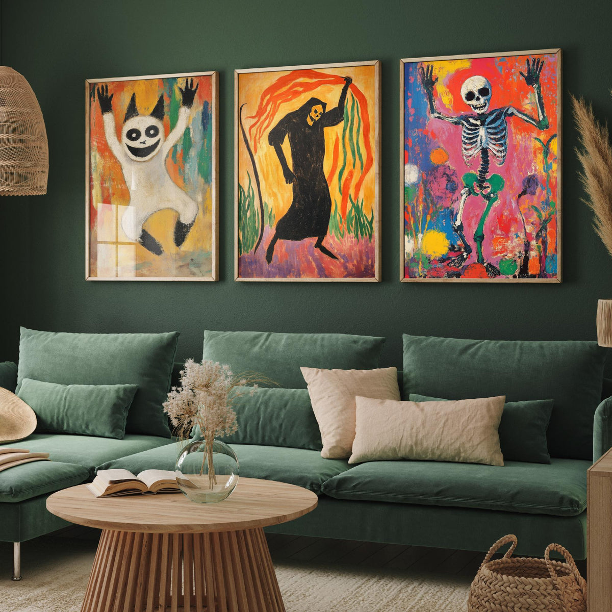 Halloween Set of Three Art Prints - 3 Dancing Ghost Reaper Skeleton Posters - Expressionist Painting Wall Art Gift Spooky Decor