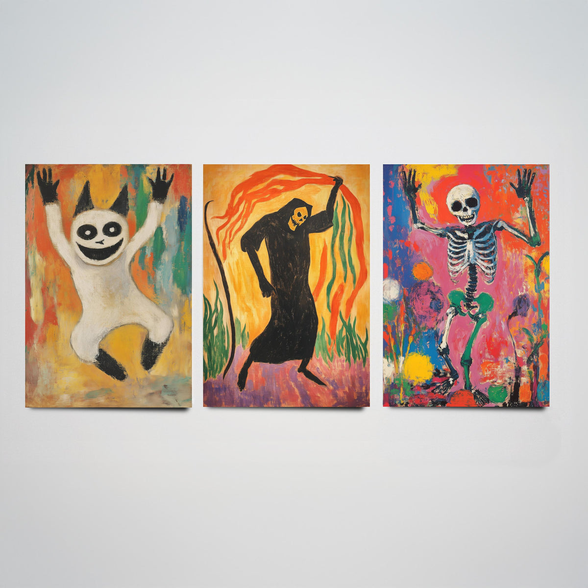 Halloween Set of Three Art Prints - 3 Dancing Ghost Reaper Skeleton Posters - Expressionist Painting Wall Art Gift Spooky Decor