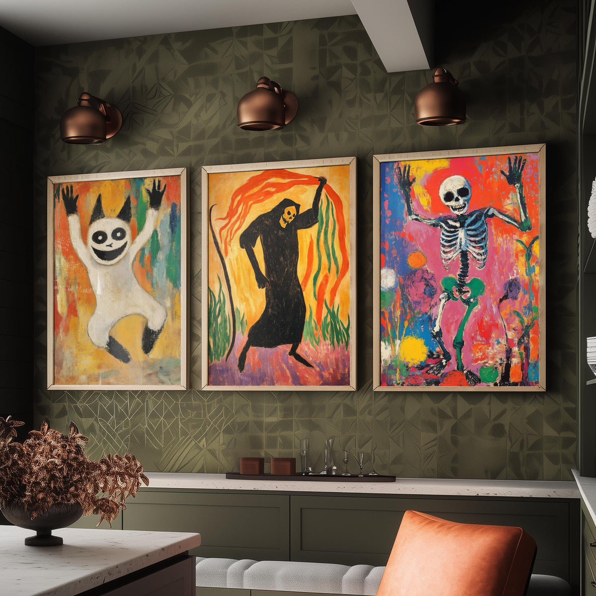 Halloween Set of Three Art Prints - 3 Dancing Ghost Reaper Skeleton Posters - Expressionist Painting Wall Art Gift Spooky Decor