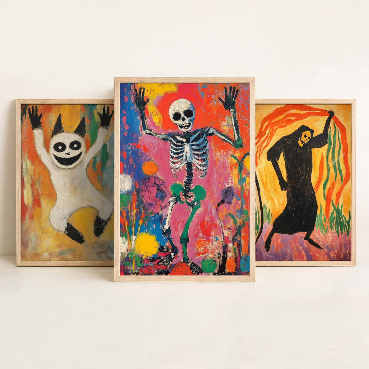 Halloween Set of Three Art Prints - 3 Dancing Ghost Reaper Skeleton Posters - Expressionist Painting Wall Art Gift Spooky Decor
