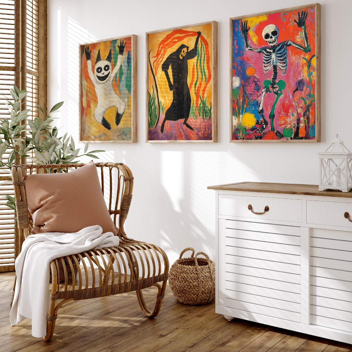 Halloween Set of Three Art Prints - 3 Dancing Ghost Reaper Skeleton Posters - Expressionist Painting Wall Art Gift Spooky Decor