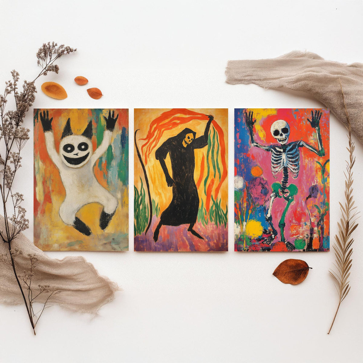 Halloween Set of Three Art Prints - 3 Dancing Ghost Reaper Skeleton Posters - Expressionist Painting Wall Art Gift Spooky Decor