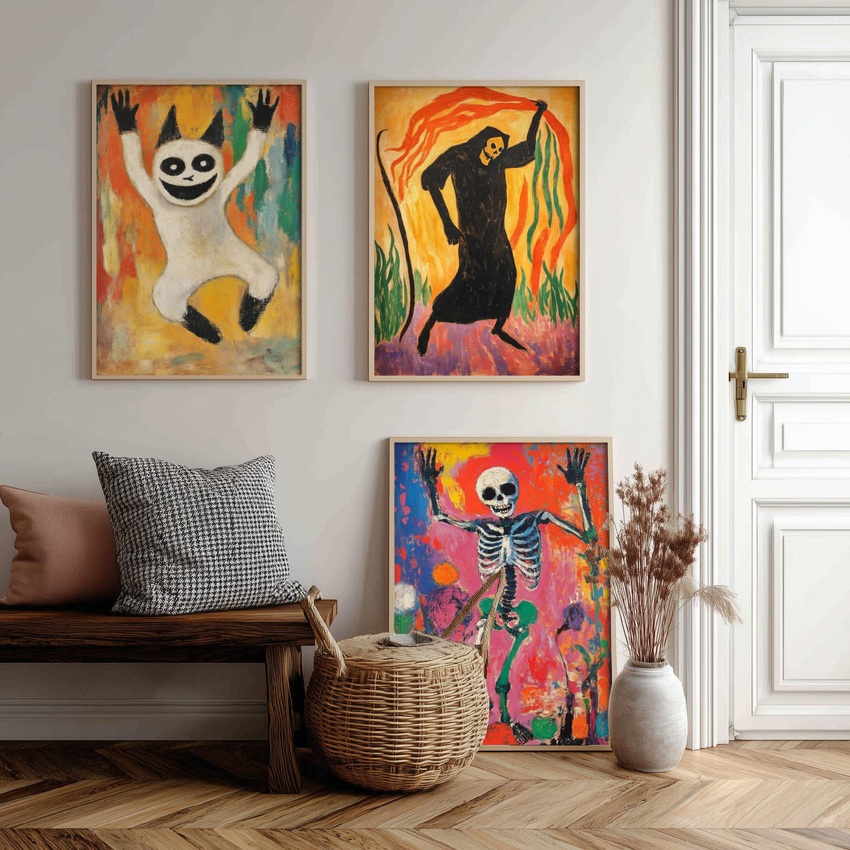 Halloween Set of Three Art Prints - 3 Dancing Ghost Reaper Skeleton Posters - Expressionist Painting Wall Art Gift Spooky Decor