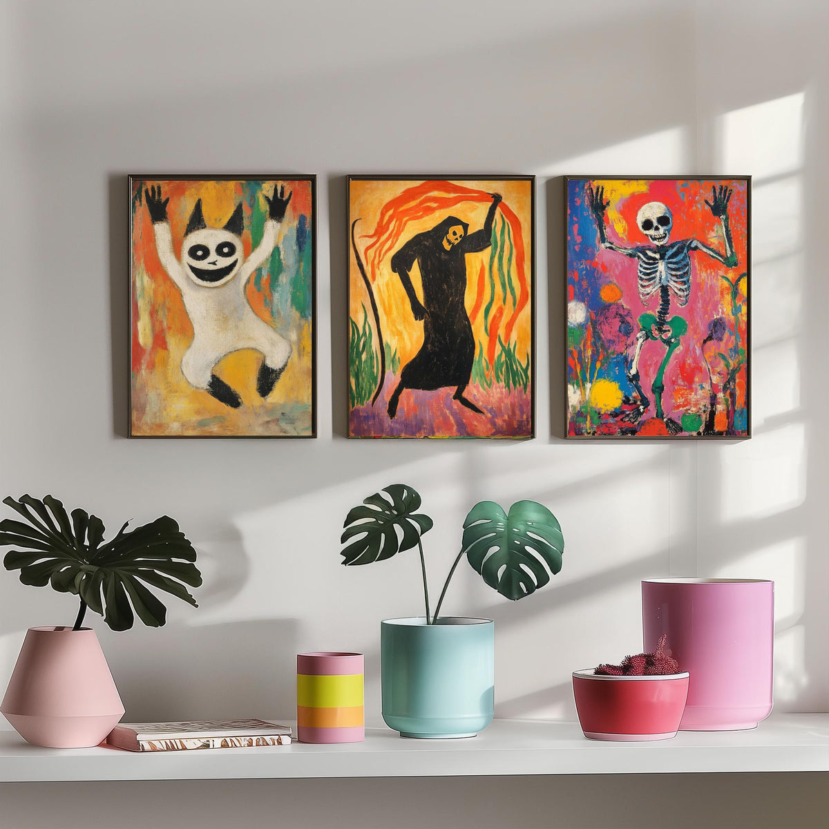 Halloween Set of Three Art Prints - 3 Dancing Ghost Reaper Skeleton Posters - Expressionist Painting Wall Art Gift Spooky Decor